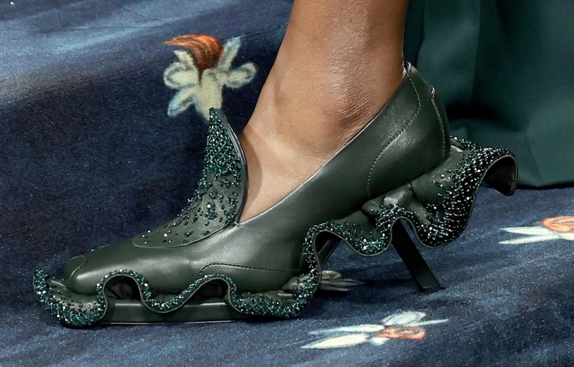 Emerald green loafer with kitten heel and sparkles