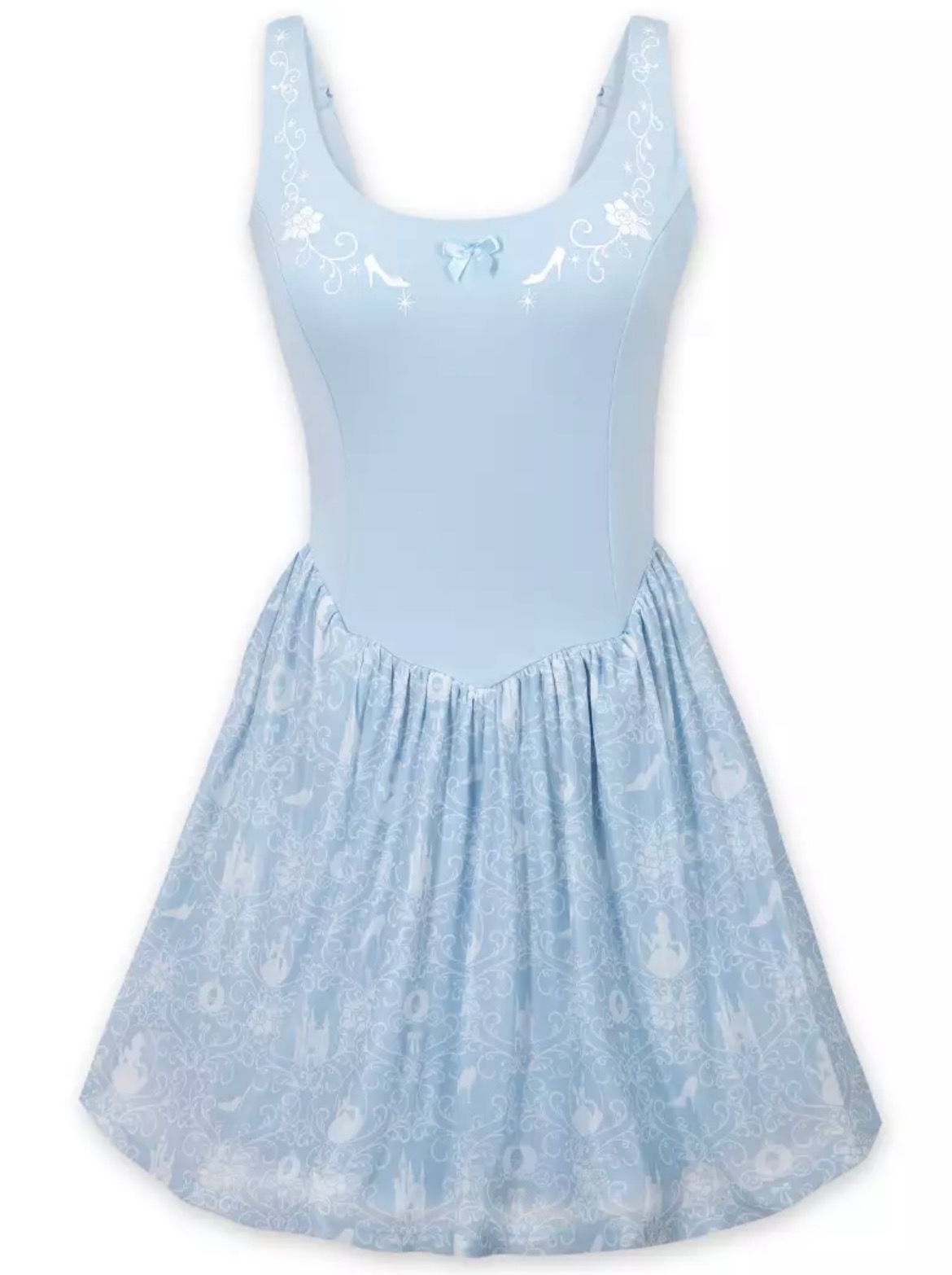 light blue athletic dress with white glass slipper pattern