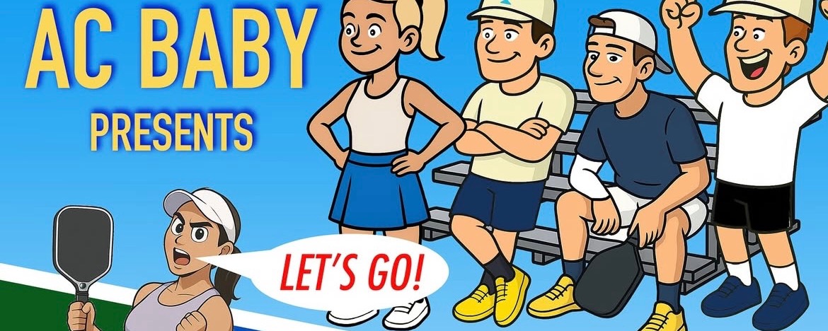 Cartoon graphic of Anna Bright playing pickleball.