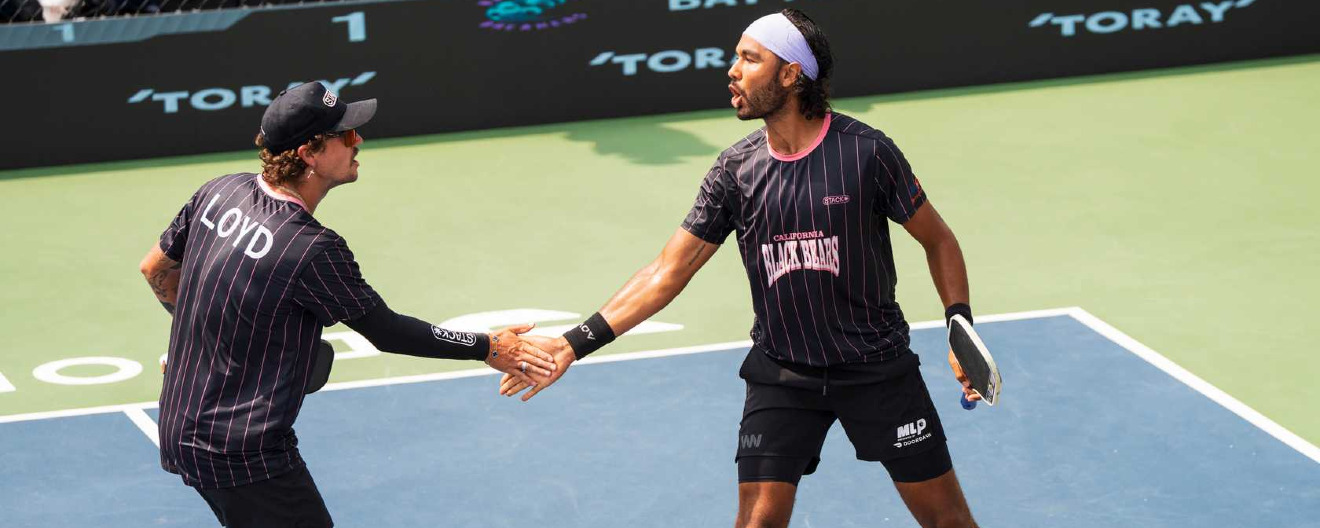 Michael Loyd and Juan Benitez celebrate a point for the California Black Bears at the Edward Jones MLP Mid-Season Tournament.