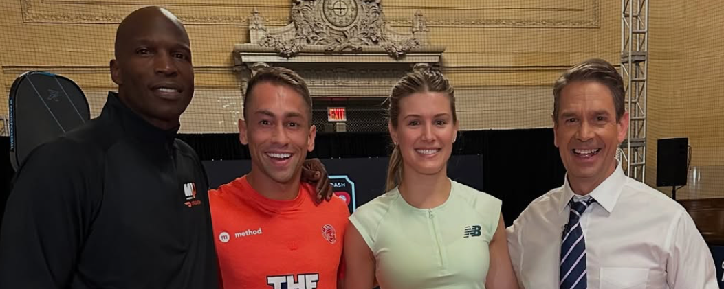 Chad "Ochocinco" Johnson, Zane Navratil, Genie Bouchard and Griff Jenkins on the court.