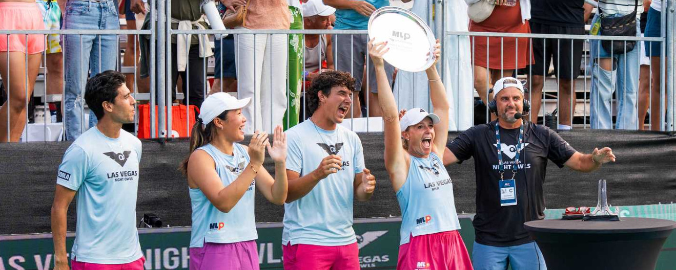 The Las Vegas Night Owls (Pablo Tellez, Zoey Wang, James Delgado, Brooke Buckner, and Steve Deakin) celebrate their Challenger title at the DoorDash MLP Finals in New York City.