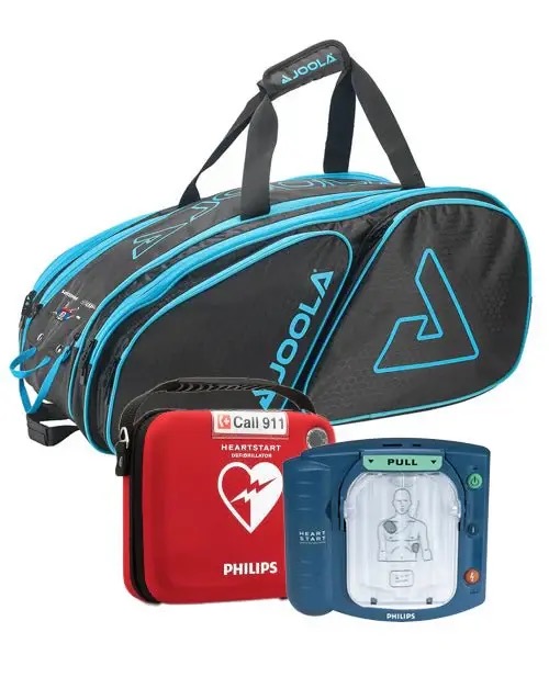An AED and a JOOLA pickleball bag.