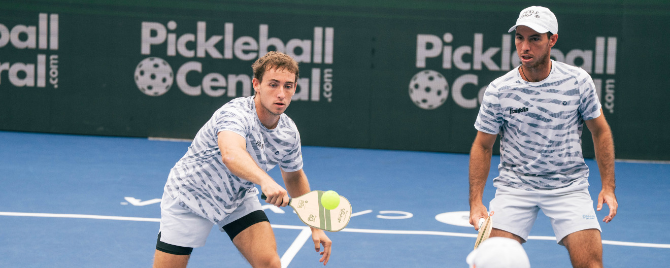 Dylan Frazier and JW Johnson competing at the Pickleball Central Sacramento Vintage Open.