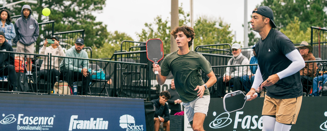 Gabe Tardio and Ben Johns competing in the men's doubles final at the Fasenra Virginia Beach Cup presented by JOOLA.