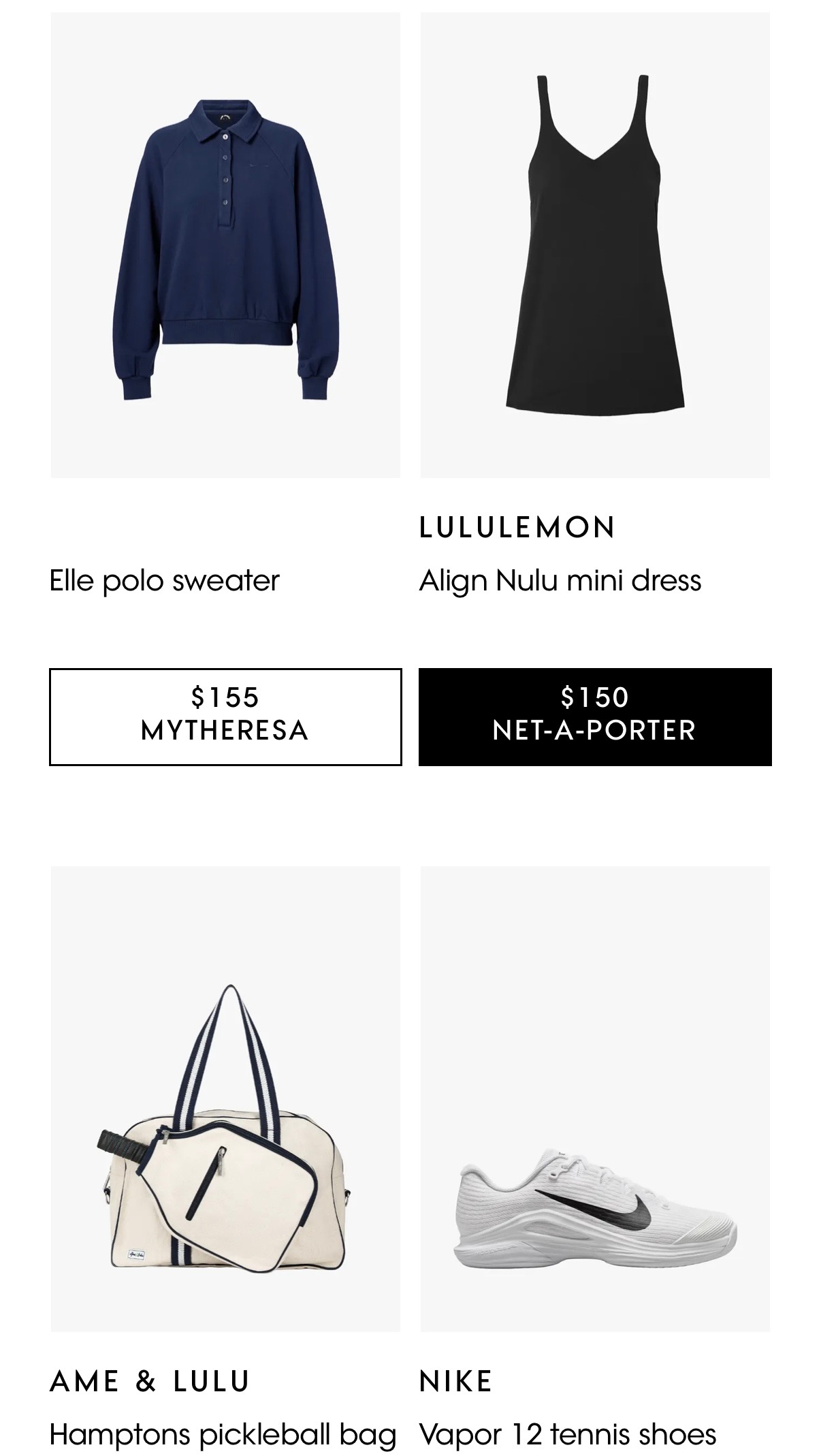 A little black dress, polo sweater, pickleball bag, and nike court shoes