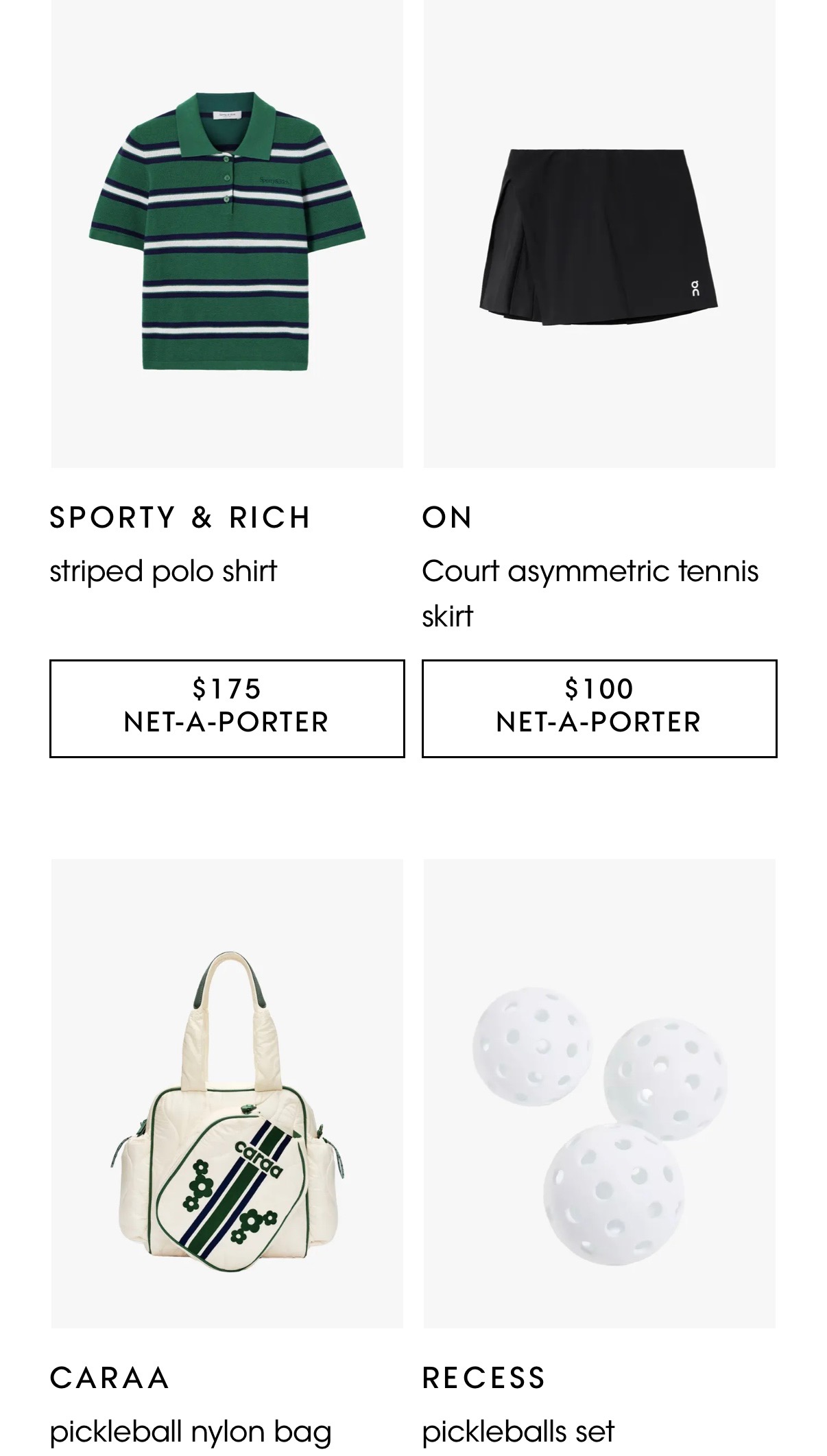Polo shirt, tennis skirt, pickleball bag, and set of pickleballs