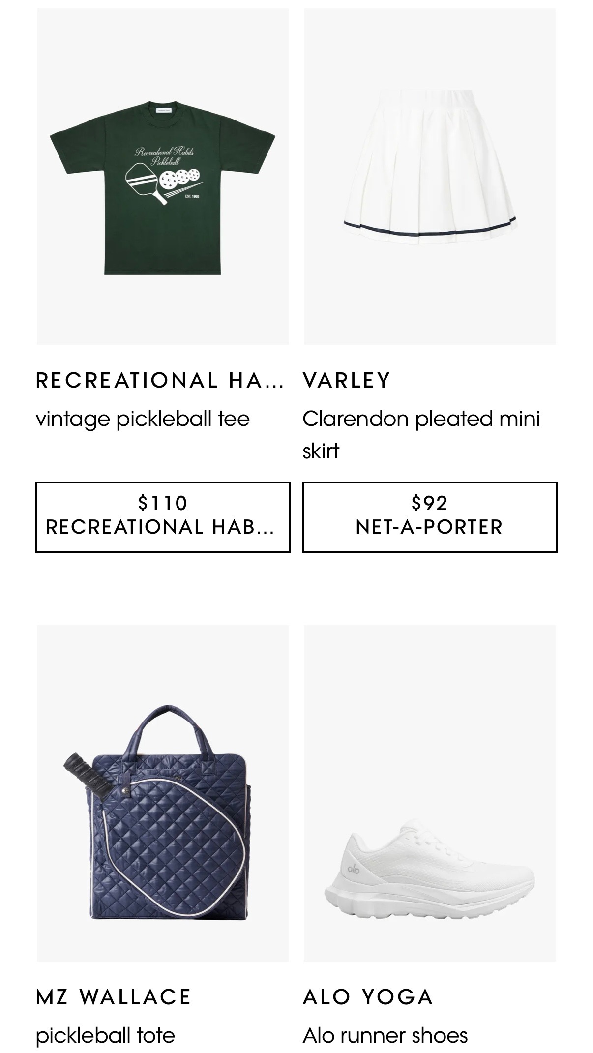 Graphic pickleball t-shirt, mini skirt, pickleball bag, and shoes