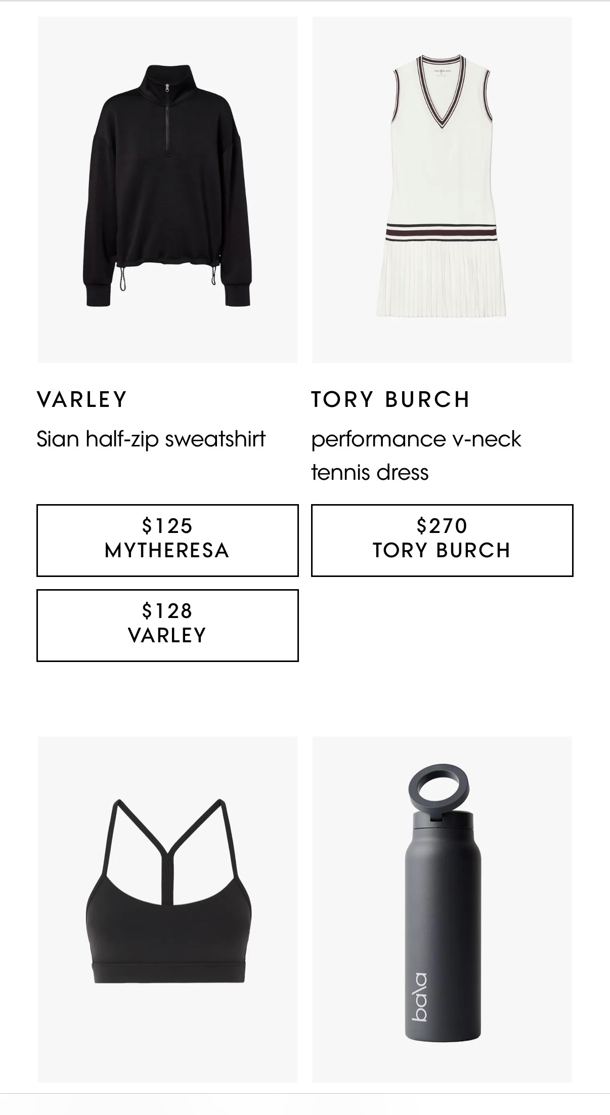 Sweatshirt, tennis dress, sports bra, and water bottle