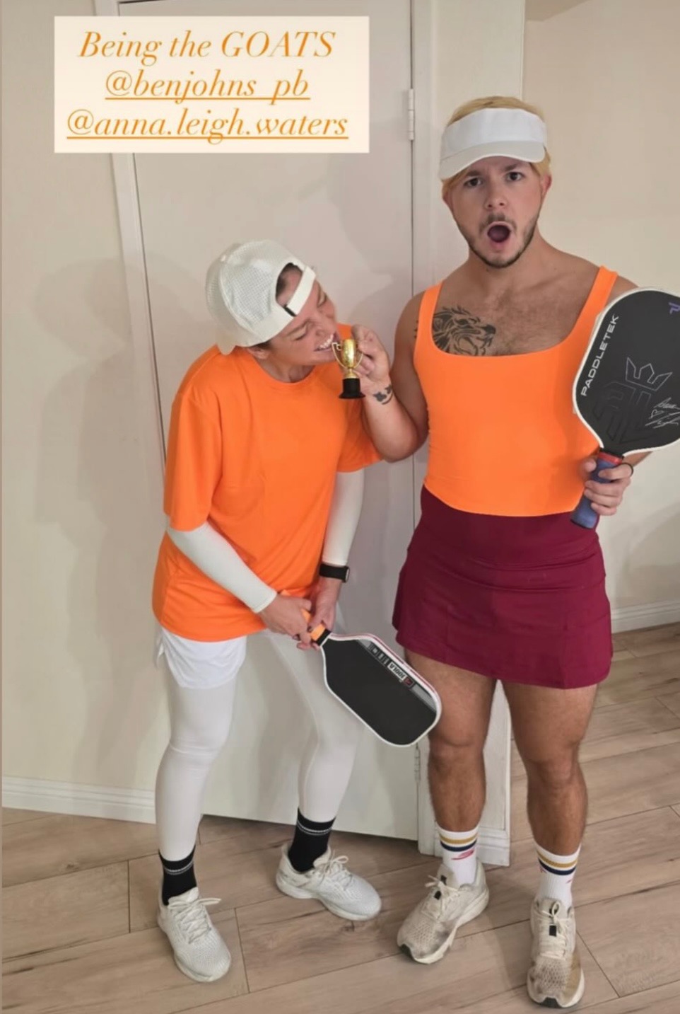 Two people dressed up as Anna Leigh Waters and Ben Johns for halloween