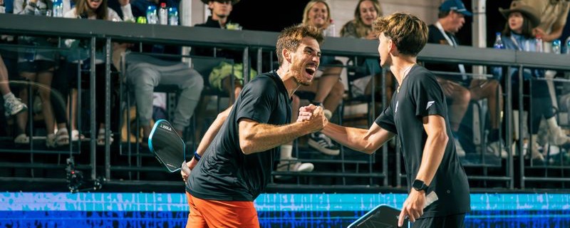 Hayden Patriquin and Federico Staksrud playing pickleball at the Jenius Bank Pickleball World Championships