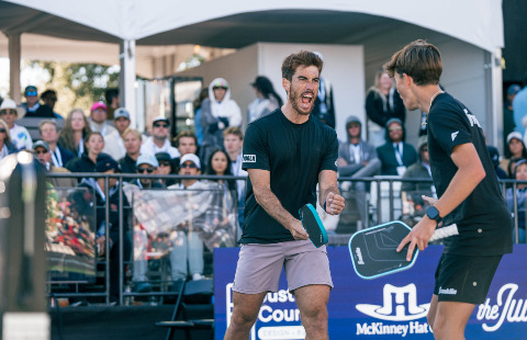 Federico Staksrud and Hayden Patriquin celebrating their men's doubles title at the Jenius Bank Pickleball World Championships.