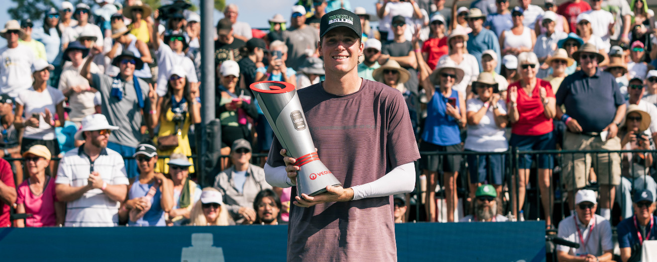 Roscoe Bellamy celebrating his men's singles title at the Veolia Lakeland Open presented by Six Zero.