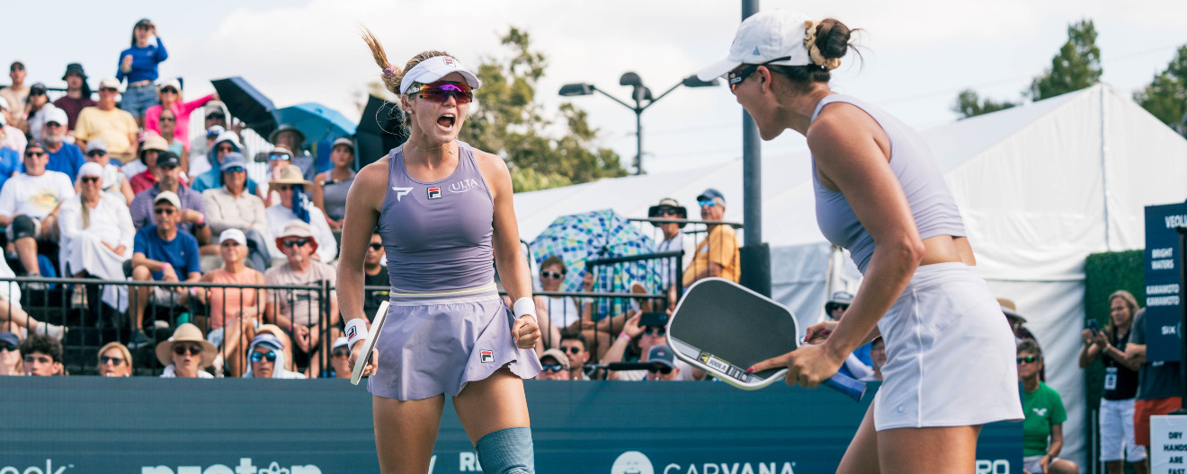 Anna Leigh Waters and Anna Bright celebrating a point at the Veolia Lakeand Open presented by Six Zero.