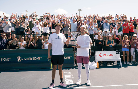 Gabe Tardio and Ben Johns with the men's doubles trophy at the Zimmer Biomet Cape Coral Open.