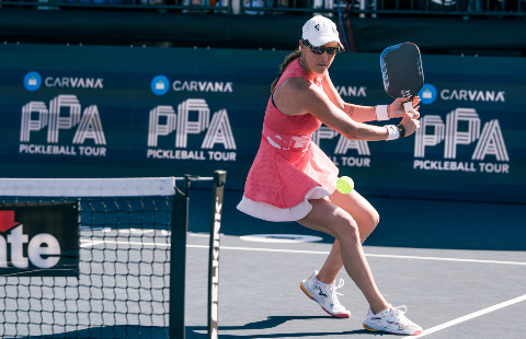 Kaitlyn Christian playing pickleball singles.