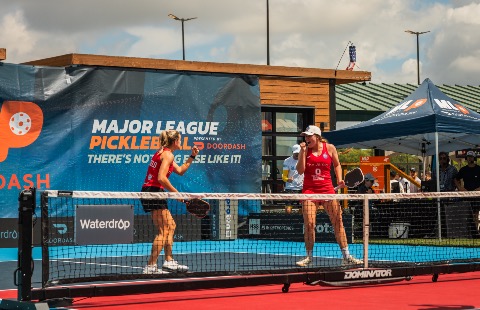 Judit Castillo and Danni-Elle Townsend celebrating a point for the Columbus Sliders at MLP Austin presented by Waterdrop.