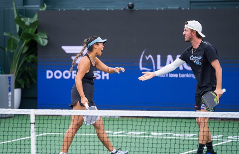 Jamie Wei and Hunter Johnson celebrating a point for the Chicago Slice at MLP St. Petersburg.